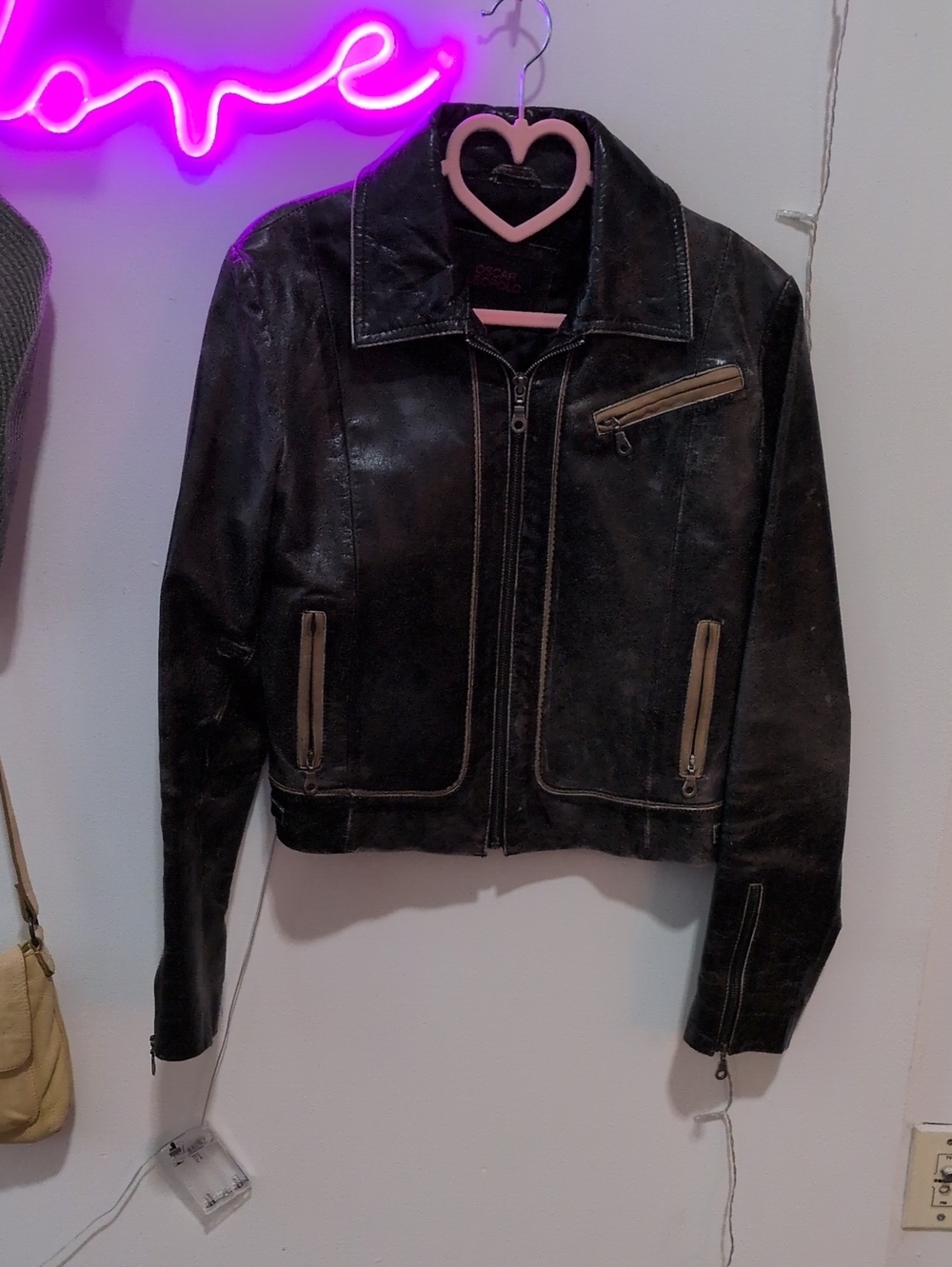 Oscar Leopold Black Leather Zip Motorcycle Jacket - Women's As Is
